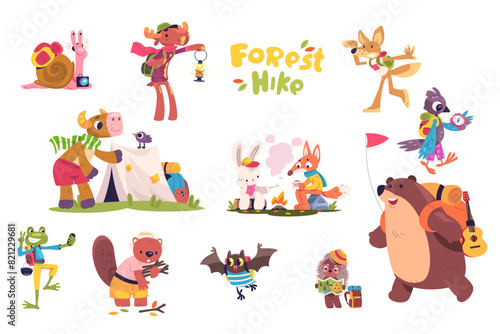 Cartoon animals hiking. Cute forest animal hike, summer camping books store for kids travel picnic, funny wildlife characters with backpack camp stickers classy vector illustration © ssstocker