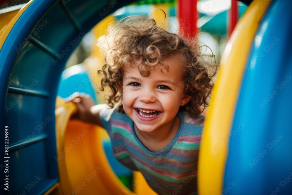 Happy curly-haired child playing on colorful playground equipment, smiling with joy. sunny day with vibrant colors. Horizontal photo. Concept: childhood, playtime, joy, outdoor activities. soft focus Happy curly-haired child playing on colorful playground equipment, smiling with joy. sunny day with vibrant colors. Horizontal photo. Concept: childhood, playtime, joy, outdoor activities. soft focus