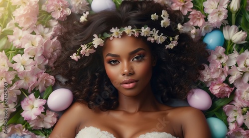 Beautiful attractive black woman model with a floral garland and Easter eggs, immersed in a sea of delicate spring blossoms
