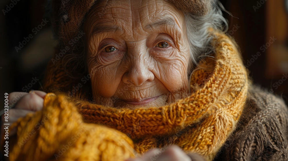 Elderly woman with wrinkles and a peaceful smile knitting Elderly woman with wrinkles and a peaceful smile knitting