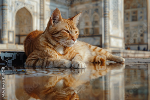 A Persian cat lounging elegantly on the steps of the Taj Mahal, reflecting the intricate Mughal architecture,