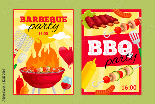 Cartoon barbecue posters. Bbq invitation poster, beach grill party event flyer summer cookout garden picnic backyard kebab chicken