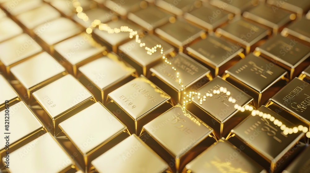 Obraz premium Close-up of stock graph on gold bricks. Top view. Captures trends. Technology tone. Vivid color scheme