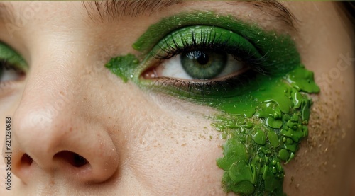Closed up of beautiful young model face with green blod makeup on skin photo