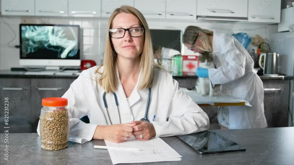 Close up veterinary doctor blonde woman at desk in white coat and stethoscope consultation looking at camera about diagnosis, symptoms and treatment for pet. Close up veterinary doctor blonde woman at desk in white coat and stethoscope consultation looking at camera about diagnosis, symptoms and treatment for pet.