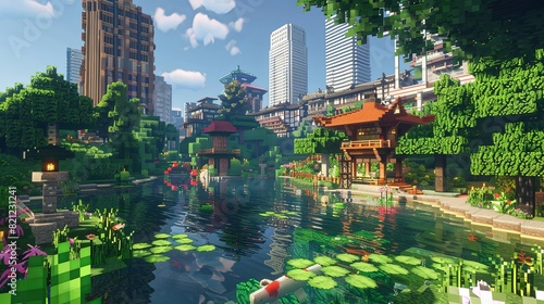 Modern city with skyscrapers and lush gardens, a serene water pond in the center of the park surrounded by tall buildings and colorful flowers. The pond is designed to resemble a Japanese garden, with photo