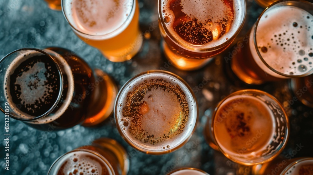 A row of beer glasses with foam on top, some of which are filled A row of beer glasses with foam on top, some of which are filled