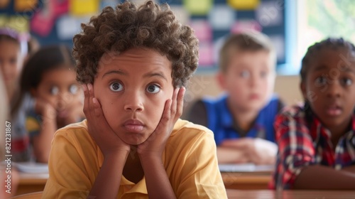 Young children are seated in rows in a classroom, engaged in learning activities and listening to the teacher.