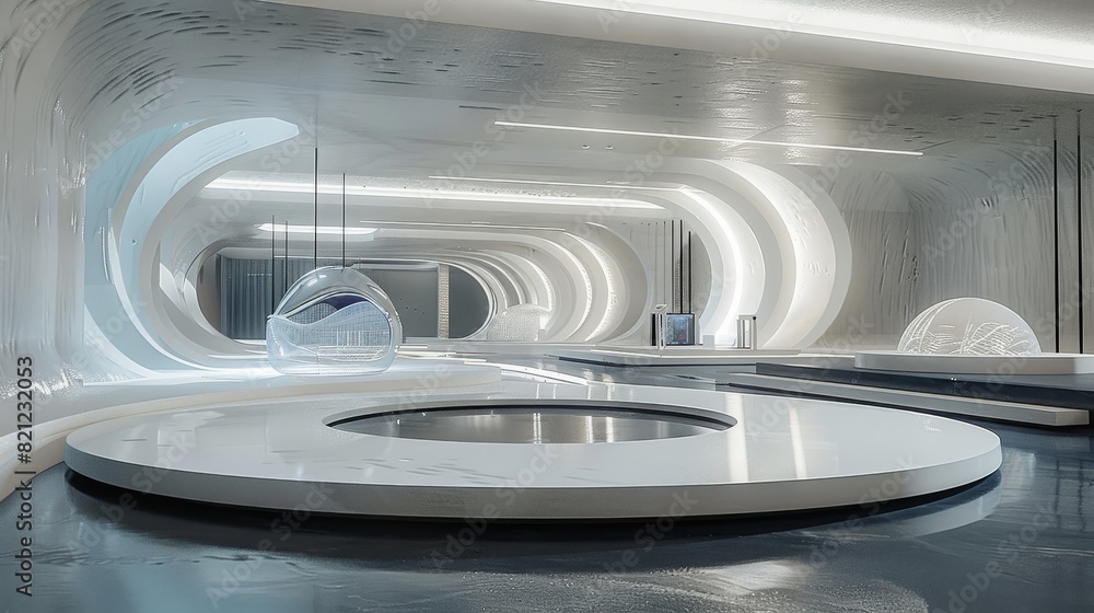 A circular three-dimensional urban installation in the space, with an architectural model on the wall. Generative AI. A circular three-dimensional urban installation in the space, with an architectural model on the wall. Generative AI.