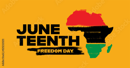 Juneteenth Freedom Day Banner with Map of Africa in Pan-African Flag Colours and Bold Typography on Orange Background. Vector Banner Illustration for Juneteenth Freedom Day. 