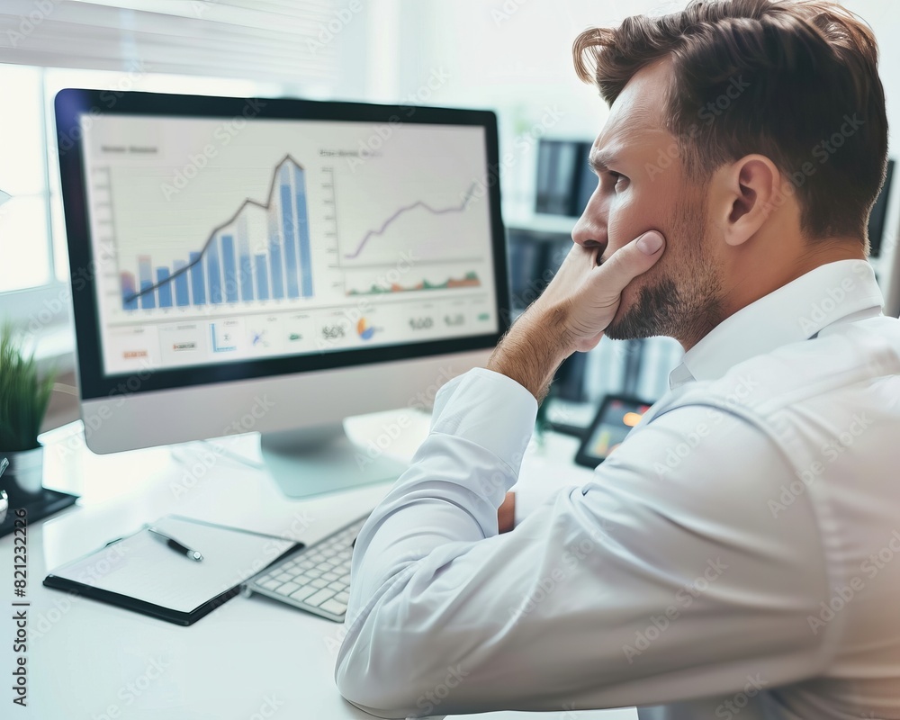worried man looking at computer monitor
