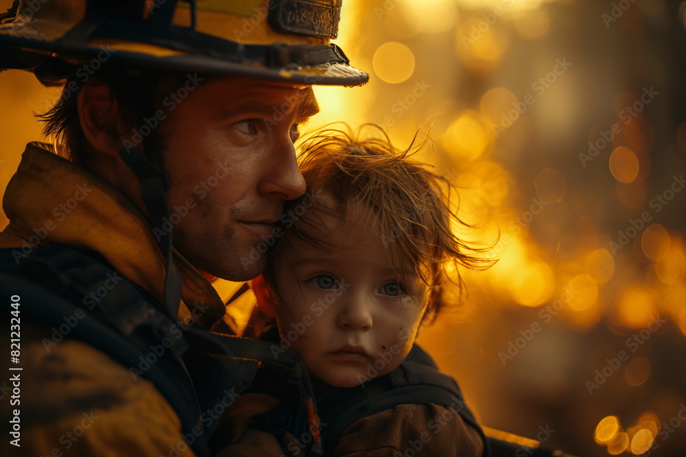 A rescuer holds a small child amid a massive forest fire. Concept of ecology and natural disasters A rescuer holds a small child amid a massive forest fire. Concept of ecology and natural disasters