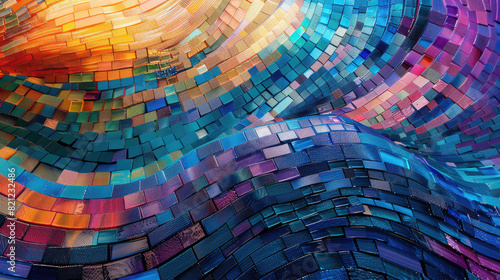 Colorful abstract mosaic or pixelated artwork with vibrant blue  orange  and purple hues creating a dynamic wavelike pattern.