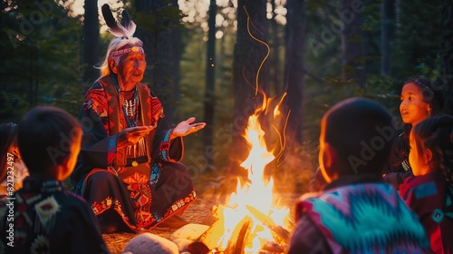 A Native American man tells stories to a group of children sitting around a campfire.