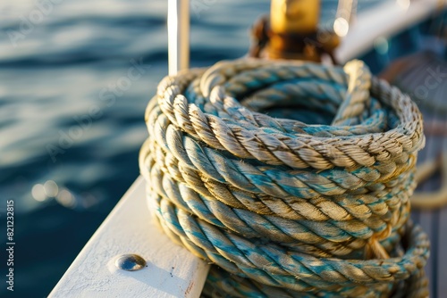 Steel Rope. Close-Up of Rope Rolled to Winch on Boat for Transportation