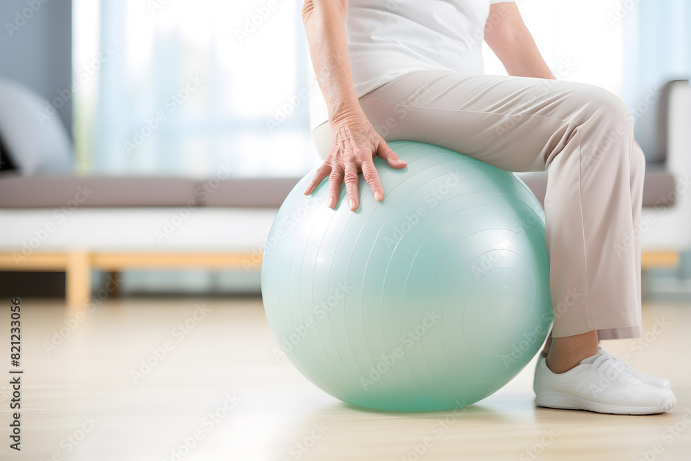 Naklejka premium Caucasian senior doing exercise with a swiss ball at a gym
