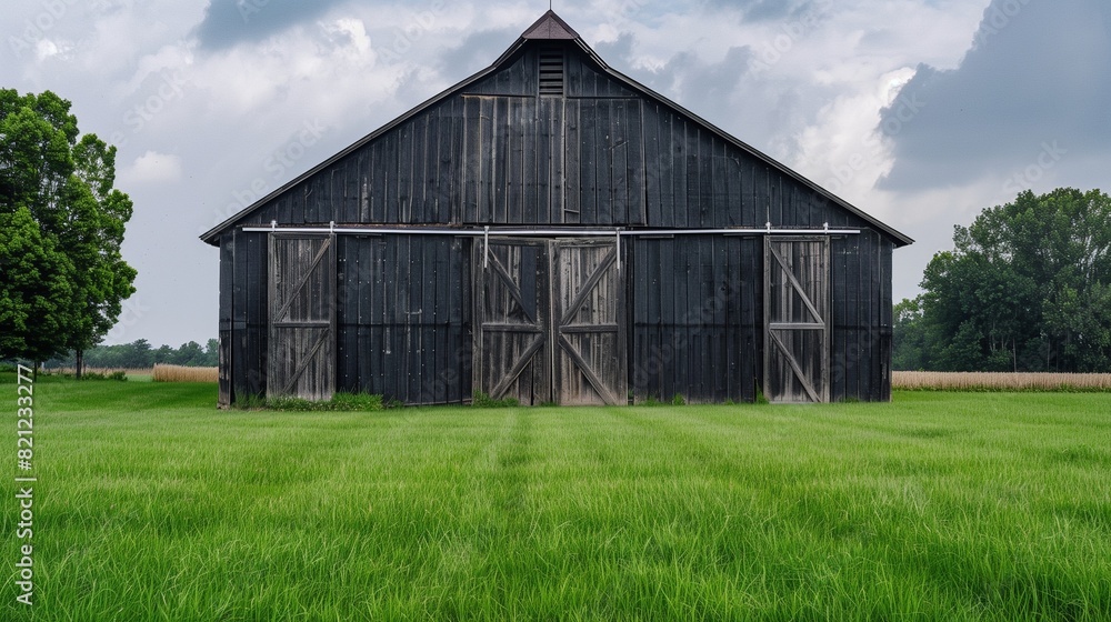 Looking across the green grass at an old black wooden barn building with closed doors Looking across the green grass at an old black wooden barn building with closed doors