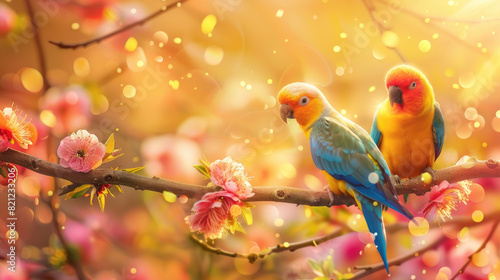 Colorful Parrots on Blossoming Branch with Vibrant Flowers and Golden Background photo