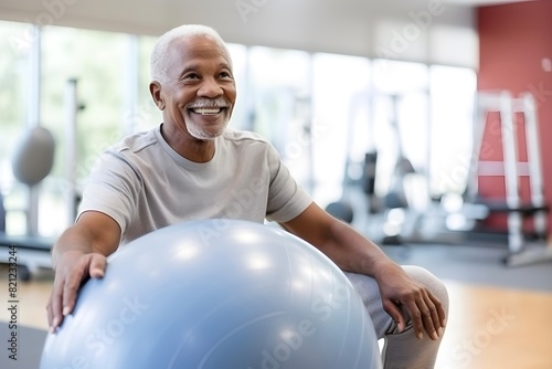 Senior African man doing exercise with a swiss ball at a gym