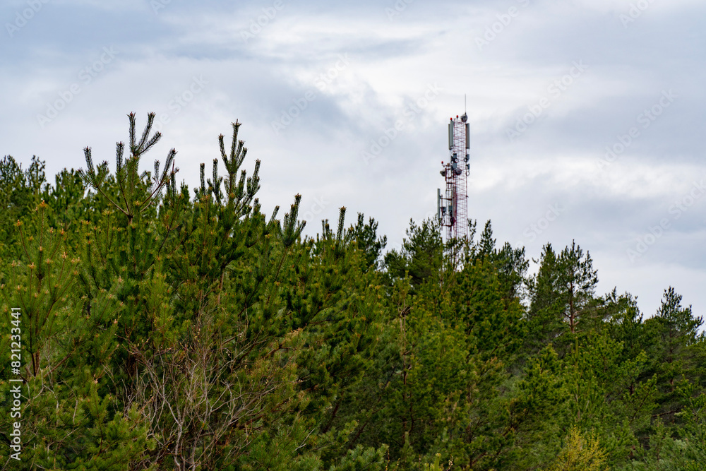 Obraz premium A tall communication tower rises above a dense pine forest under a cloudy sky, representing the intersection of technology and nature. Perfect for technology and nature-related projects.