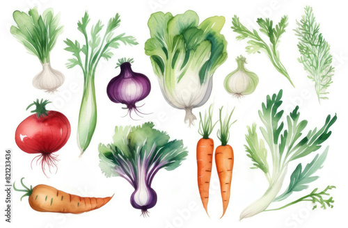 Illustrative watercolor set of vegetables on white background. Green, ripe vegetables. Carrot, tomato, onion, herbs