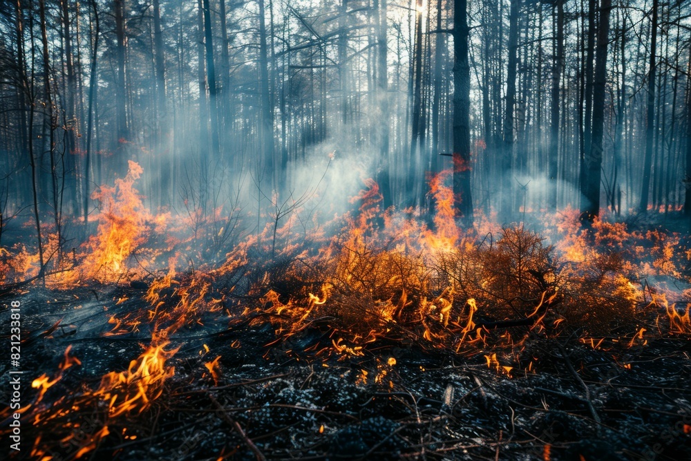 A forest fire is raging through a wooded area A forest fire is raging through a wooded area