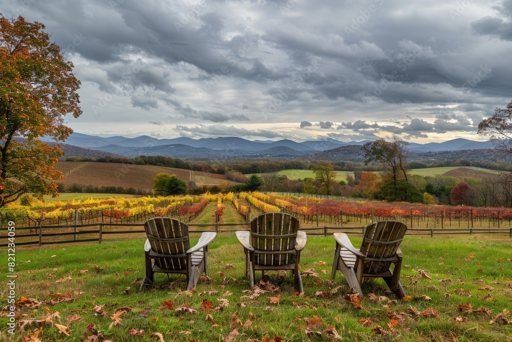 House With Mountains. Empty Wooden Chairs in Colorful Autumn Foliage at Virginia Winery House With Mountains. Empty Wooden Chairs in Colorful Autumn Foliage at Virginia Winery