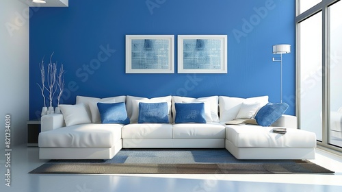 Couch Living Room. Modern White Interior Design with Blue Wall in Contemporary Home