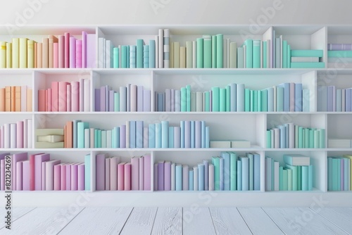 Modern Bookshelf: 3D Illustration of White Bookshelves with Colorful Books, Ideal for School © Serhii