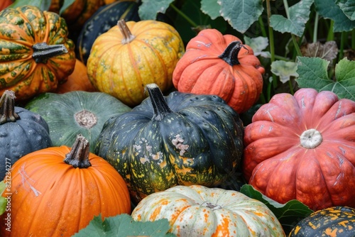 Autumn Pumpkins and Squash. Ripe and Colorful Vegetables for Autumn Cookery
