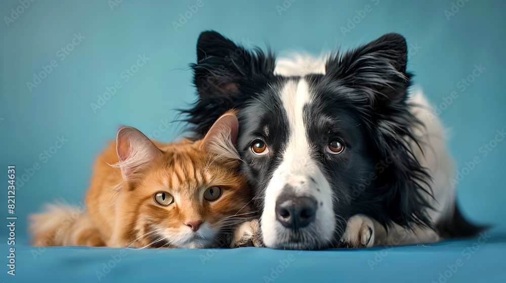 Cute dog and cat laying together. Adorable friendship display. Perfect for pet lovers. Calm and serene photo. Animal companionship. AI Cute dog and cat laying together. Adorable friendship display. Perfect for pet lovers. Calm and serene photo. Animal companionship. AI