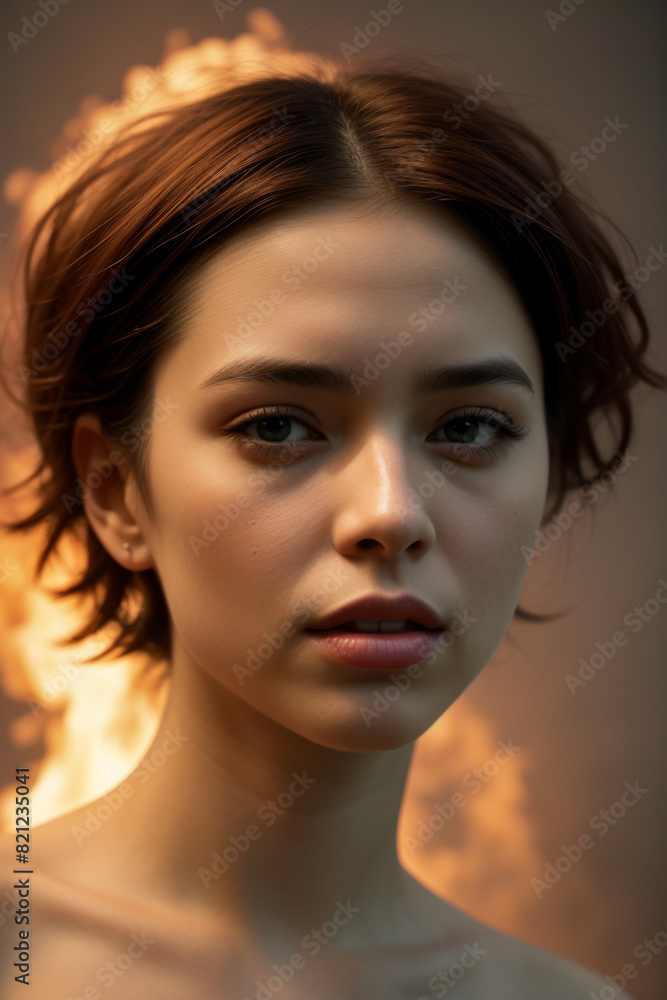 Young Woman Portrait with Fiery Background Young Woman Portrait with Fiery Background