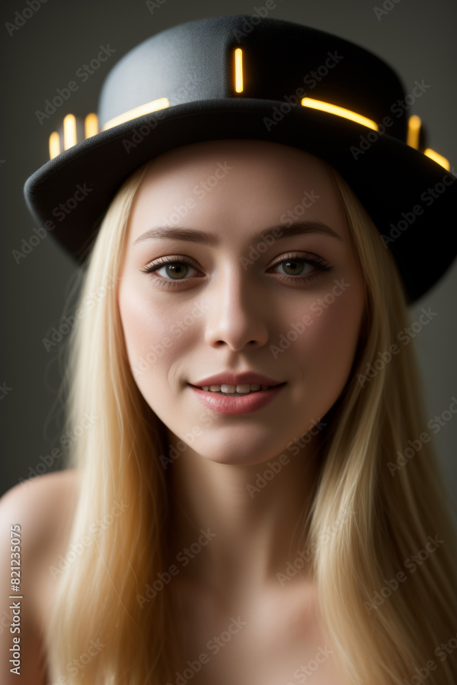 Young woman wearing a stylish top hat with LED lighting Young woman wearing a stylish top hat with LED lighting