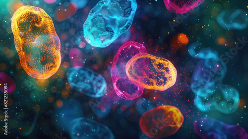Digital illustration of a human cell division process known as mitosis, depicted in bright, vivid colors against a dark background. photo