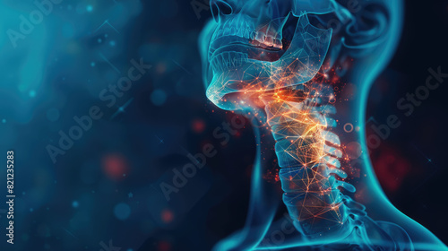 Digital illustration of a human neck with highlighted vertebrae indicating pain or inflammation in a medical context.