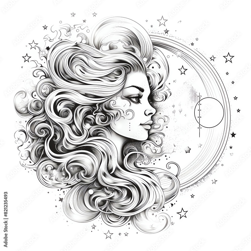 Black and white illustration of a woman with flowing hair and celestial elements, symbolizing beauty and fantasy. Black and white illustration of a woman with flowing hair and celestial elements, symbolizing beauty and fantasy.