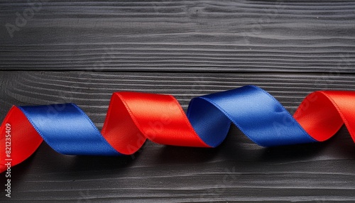 red and blue ribbon for celebration on a black wooden background