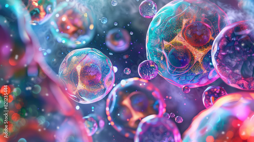 Digital illustration of vibrant, colorful cells or particles with nucleus-like structures suspended in a fluid, depicting a microscopic biological scene