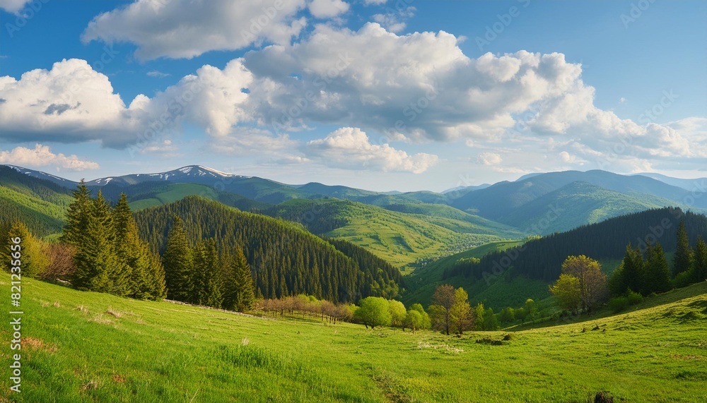 carpathian countryside scenery in spring rural landscape of ukraine with grassy fields and forested hills beneath a blue sky with fluffy clouds in morning light