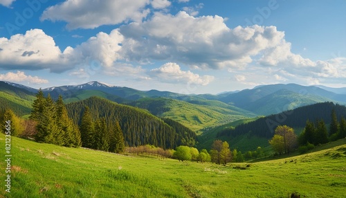 carpathian countryside scenery in spring rural landscape of ukraine with grassy fields and forested hills beneath a blue sky with fluffy clouds in morning light © Dayami