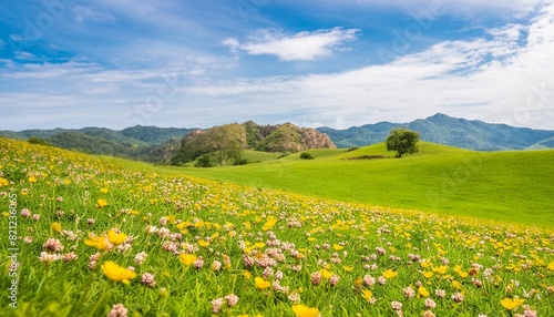 landscape concept background beautiful meadows surrounded by blooming flowers in springtime
