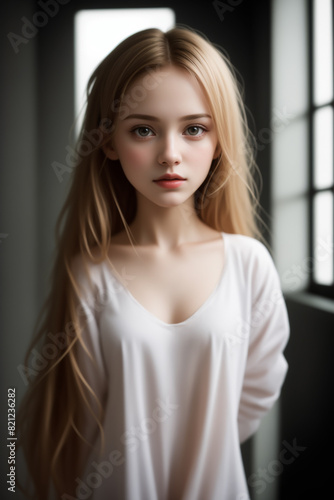 Young woman with long blonde hair in a white blouse stands by the window