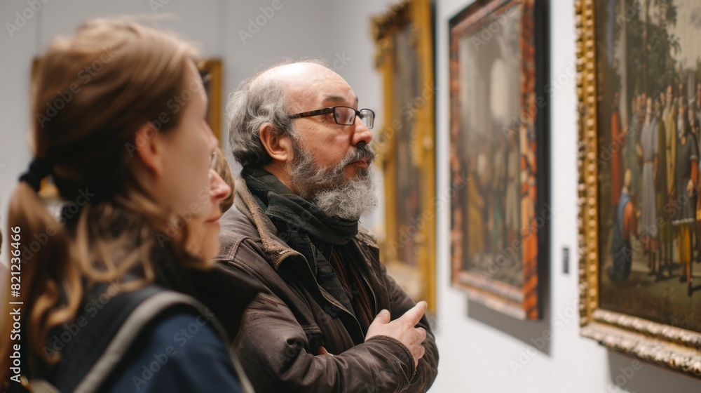 A group of people closely observe and discuss artworks displayed on the walls of an art gallery.