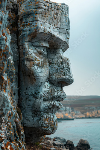 A stone giant whose body forms a natural fortress of cliffs and caves, protecting a hidden valley within,