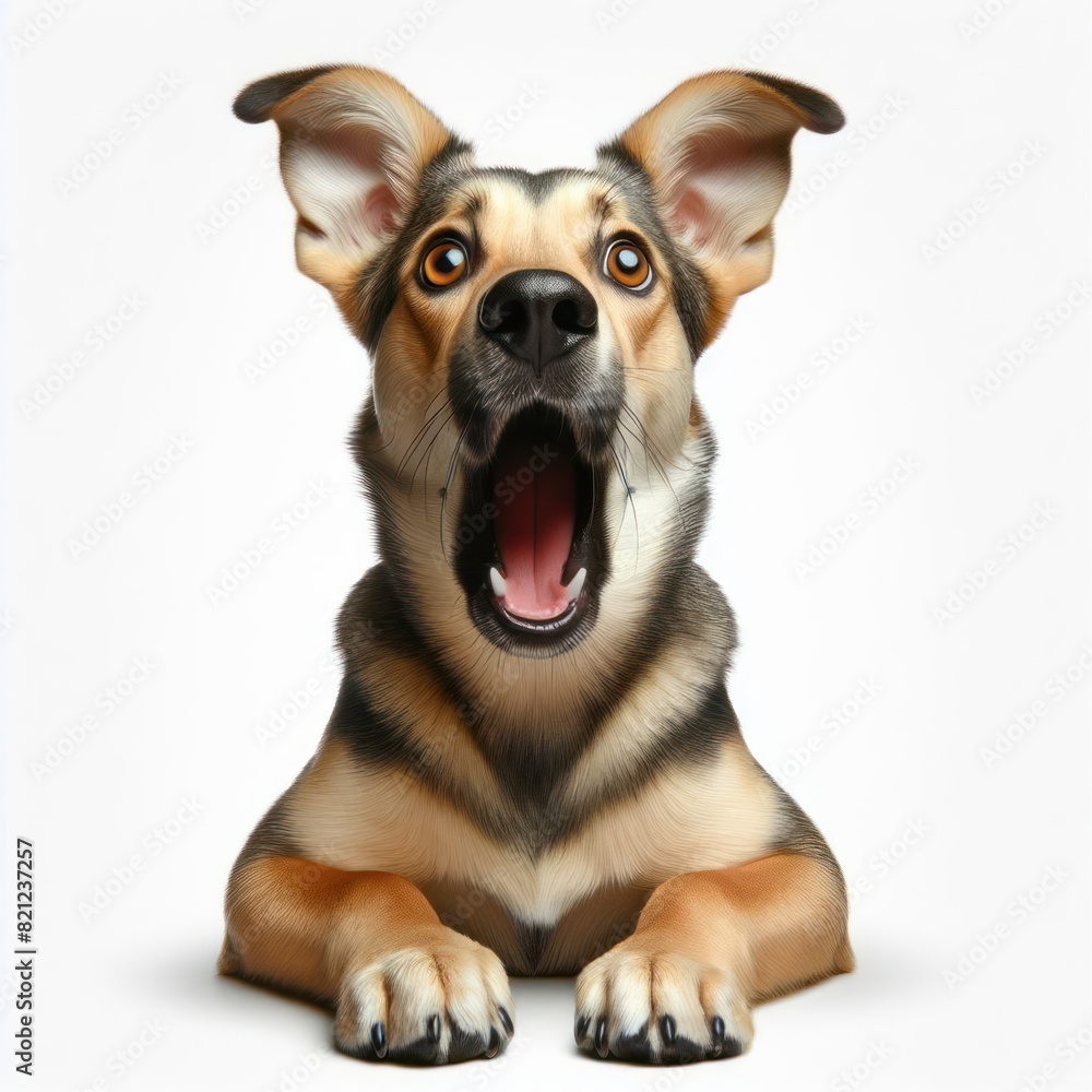 Dog with a astonished, Wow expression, mouth wide open, and intense gaze Isolated on white background Dog with a astonished, Wow expression, mouth wide open, and intense gaze Isolated on white background
