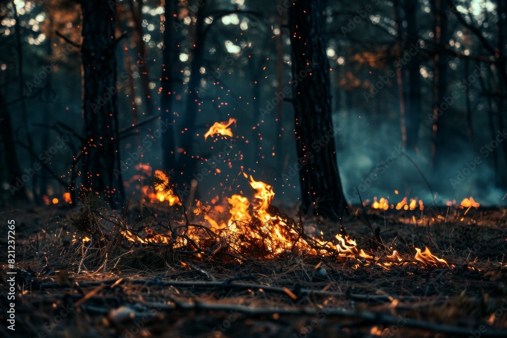 A forest fire is burning in the woods A forest fire is burning in the woods