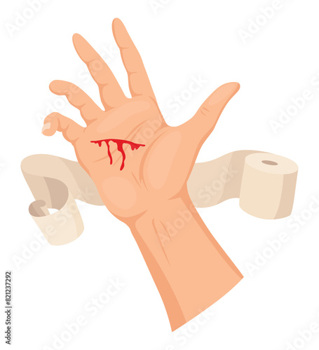 Hands injured skin and procedures of bandaging. First aid for wound. Medicine cure or treatment. First emergency help for human hand trauma