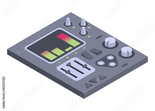 Isometric control panel spaceship with slider, controllers, buttons. 3d dashboard on white background. Aircraft toggle switches panel vector illustration