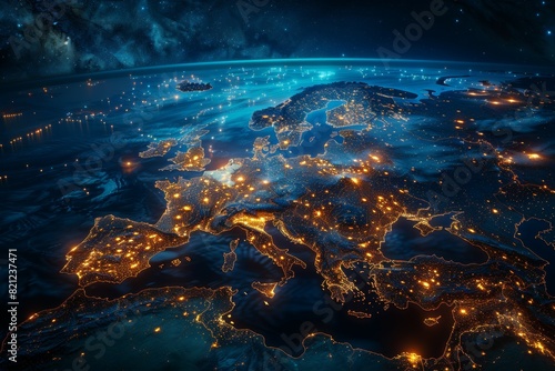 A view of the Earth at night with the lights of Europe shining brightly