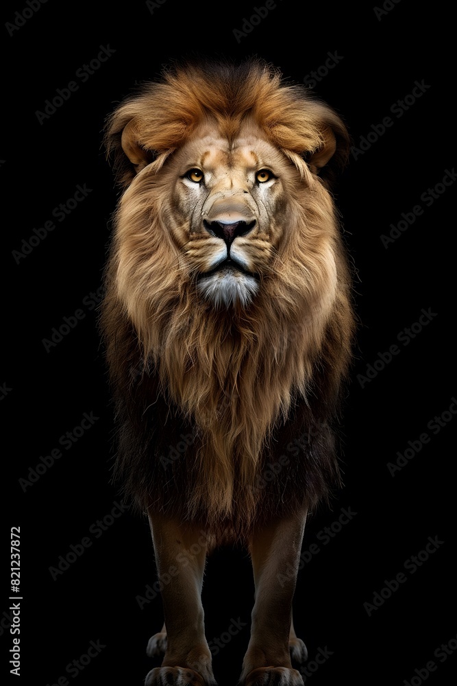 Fototapeta premium Powerful Lion with Intense Gaze on Black Background